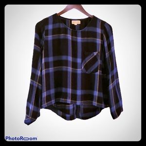 Cloth and Stone Plaid Laceup Back Top Navy Blue XS
